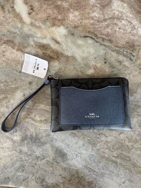 Coach Black Signature Wristlet with Blue Strap